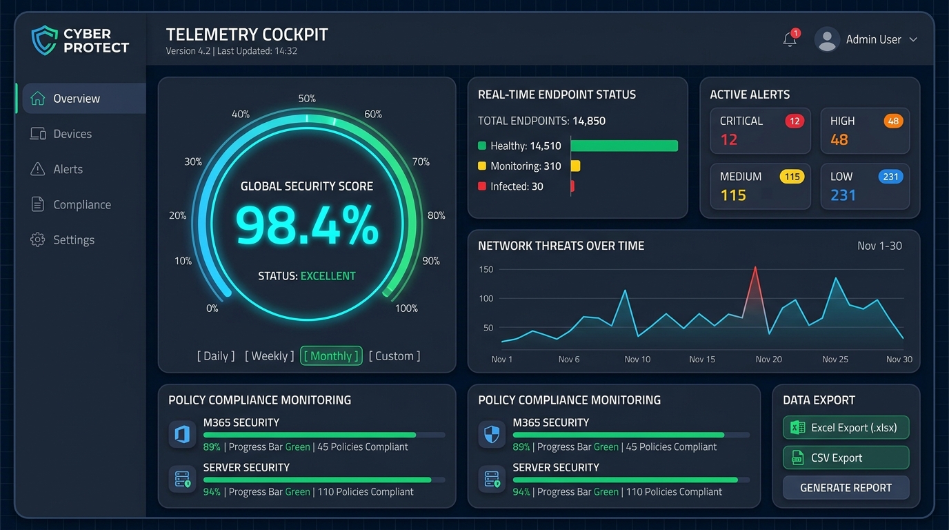 Mockup Visual do Cockpit de Telemetria — Painel SaaS Cyber Protect com Taxa Global de Segurança 98.4%, status de endpoints e alertas de severidade (Dados 100% simulados)